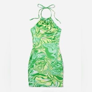 Neon Green Halter Rave Groovy Retro BodyCon Dress Swirly SHEIN